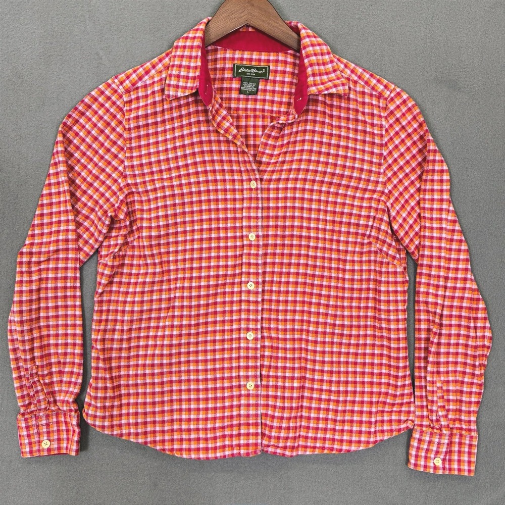 Vintage Eddie Bauer Shirt Women L Pink Orange Plaid Long Sleeve Flannel Top
